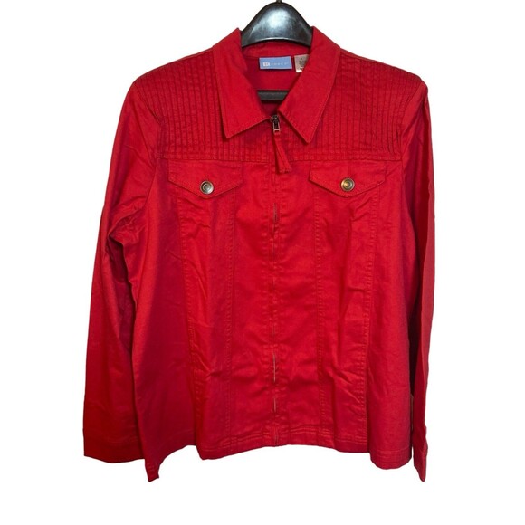Koret Red Jean Blazer Jacket Womens Size Large Zipper Front Shoulder Pads - Picture 1 of 9